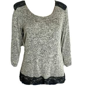 Forever Jade Top Womens Petite L Brown Black Lace 3/4 Sleeve Stretch Knit